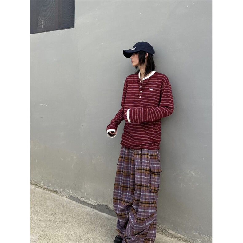 C316T8357P48特初秋新款条纹撞色长袖T恤个性T恤衫亨利领女装,男装T恤,电商C316