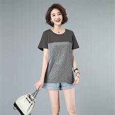 2021夏款大码女装格子拼接上衣3201款，女装大码女装，秋牧寒烟