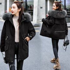 棉衣/棉服2021新款冬兔毛中长款工装带帽棉服女外套配毛领，女装派克服，瑶迪依秀