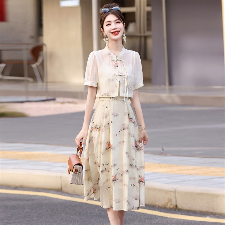 新中式国风套装女2025夏季新款气质薄款盘扣外套碎花连衣裙两件套,女装连衣裙,意芙
