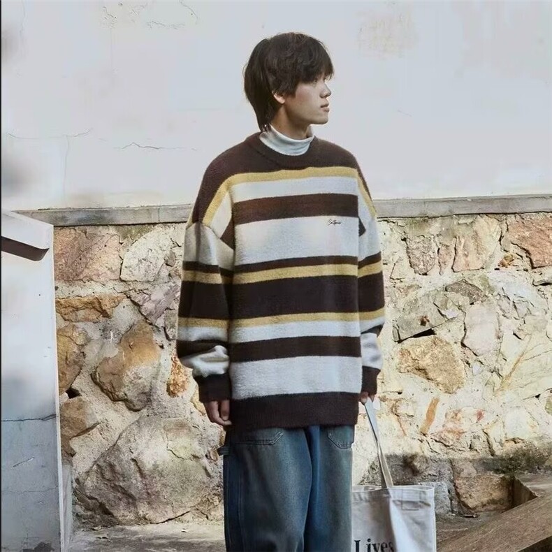 M213-P45复古学院风撞色条纹宽松毛衣,男装针织衫/毛衣,电商B323A