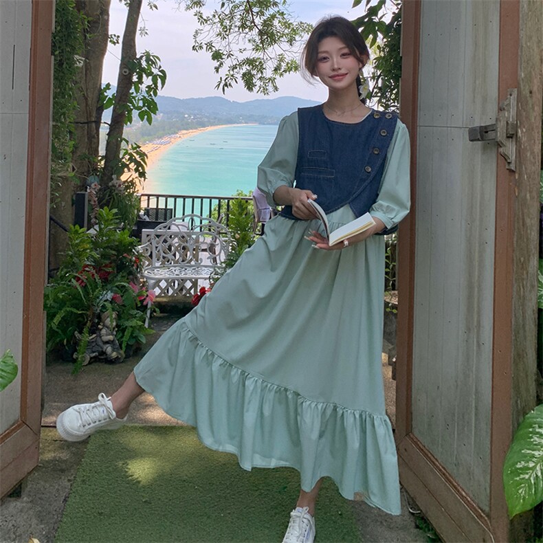 设计感牛仔马甲连衣裙两件套女2025夏季新款韩系收腰显瘦长裙套装,女装连衣裙,2C285