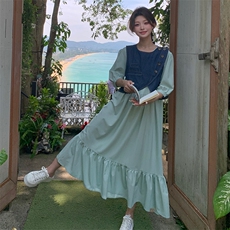 设计感牛仔马甲连衣裙两件套女2025夏季新款韩系收腰显瘦长裙套装，女装连衣裙，2C285