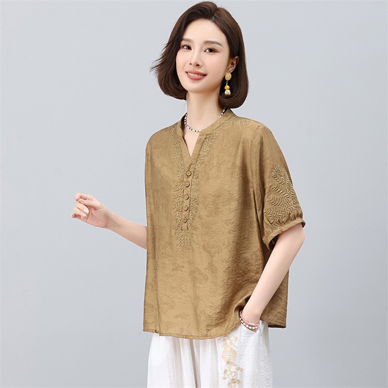 高端女2025夏装新中式天丝麻小衫文艺气质复古妈妈棉麻,女装衬衫,凝聚力