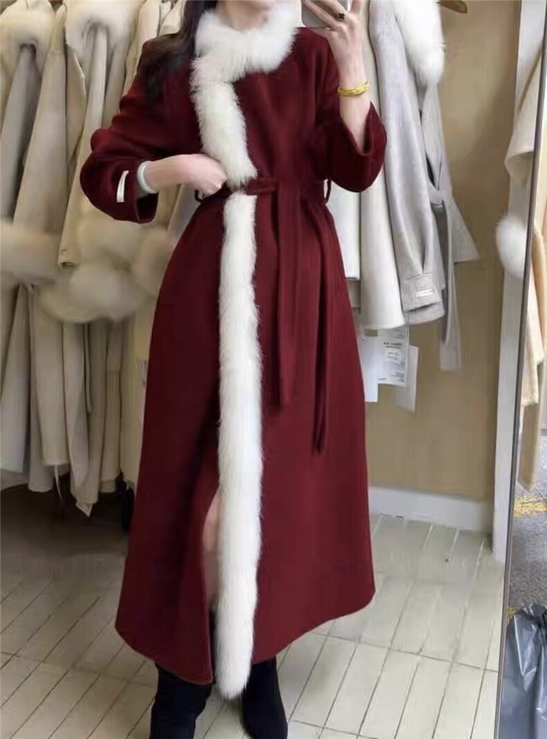 【依嘟】高级感2026年新款毛领收腰长款超好看羊毛外套(配腰，女装双面呢大衣，依嘟服饰