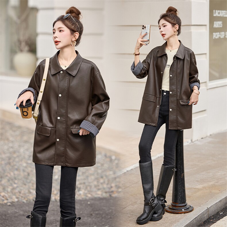 海宁拼接条纹PU皮外套女2025春秋季洋气翻领时尚显瘦显高皮衣上衣，女装皮衣，江南女神