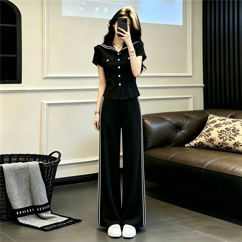 时尚休闲套装女夏季新款个性简约海军领纽扣设计短袖阔腿裤两件套,女装套装/套裙,江南