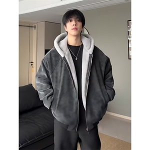 荔枝纹PU皮棉衣座山雕加绒夹棉连帽棉服男女冬季加厚保暖情侣外套图片