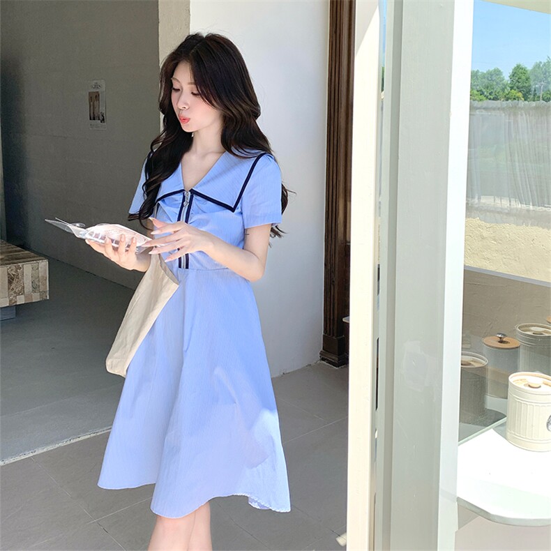 蓝色学院风海军领连衣裙女2025夏季新款法式小个子洋气减龄A字裙图片