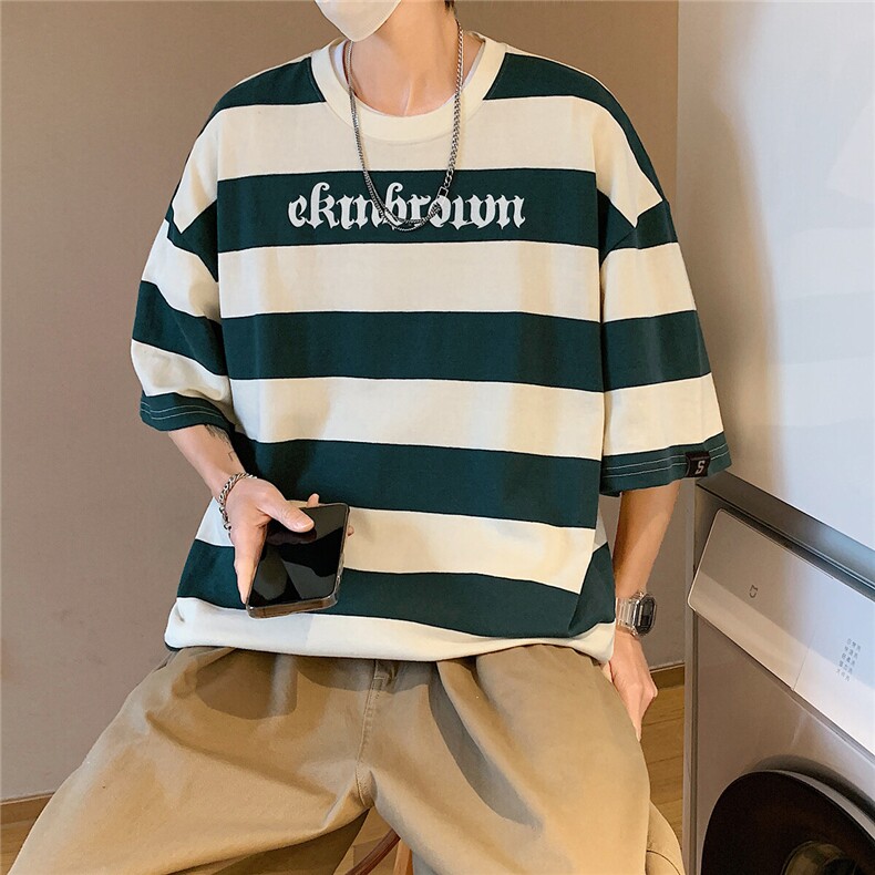 1港风美式字母印花设计大码M-5XL潮条纹短袖T恤男77023P35控58,男装T恤,星座226-2