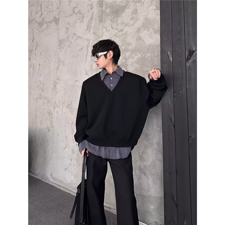 2025美式潮牌小众时髦高街假两件翻领卫衣衬衫拼接层次感上衣，男装衬衫，星座1210-1