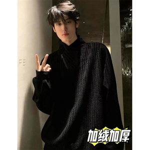 鱼骨纹斜拉链不规则高领小香风卫衣男款秋冬加绒加厚长袖 WY64图片