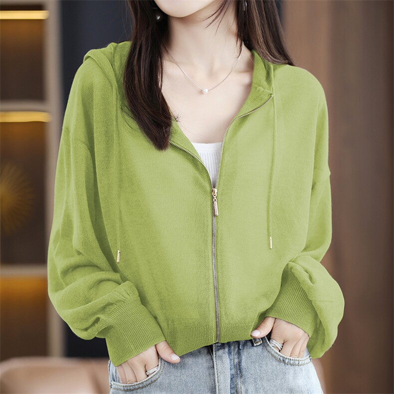 2025夏新款连帽冰丝拉链开衫女针织罩衫薄泡泡袖防晒开衫宽松外搭，女装防晒衣，丽特绒