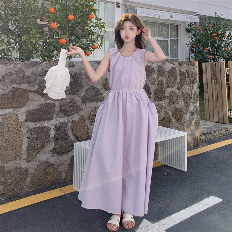 紫色温柔风别致漂亮连衣裙女2025夏季新款海岛度假收腰无袖A字裙,女装连衣裙,2D078