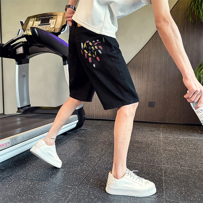 ND89-P55白色短裤男潮牌印花不规则涂鸦弹力五分裤痞帅5分中裤，男装牛仔裤，星座215（原电商B249）