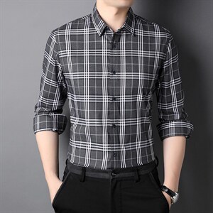 2023秋季新款中年男士长袖格子衬衫男装商务休闲时尚百搭上衣图片