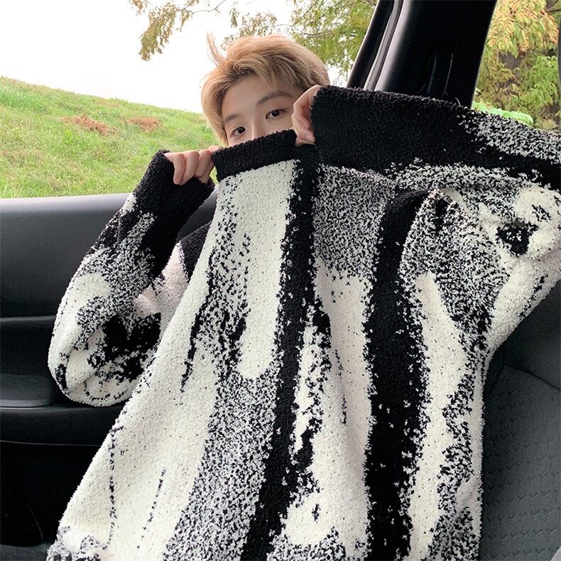 美式慵懒风不规则竖条纹高级感圆领毛衣男女针织衫-控88，男装针织衫/毛衣，星座310A-3