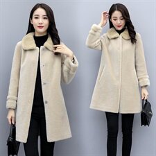 颗粒绒水貂毛领100%羊毛中长款直筒简约时尚皮毛一体外套，女装毛呢外套，媚琳依坊