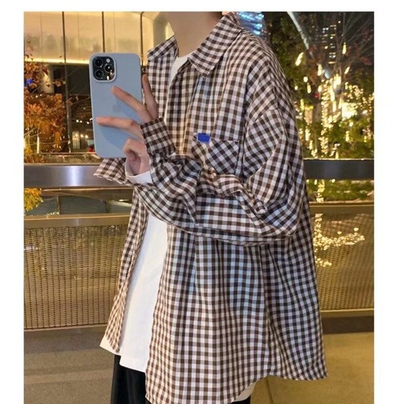 格子衬衫男初秋长袖衫日系防晒外套韩版潮百搭宽松衬衣C176P33,男装防晒衣,星座1013-5