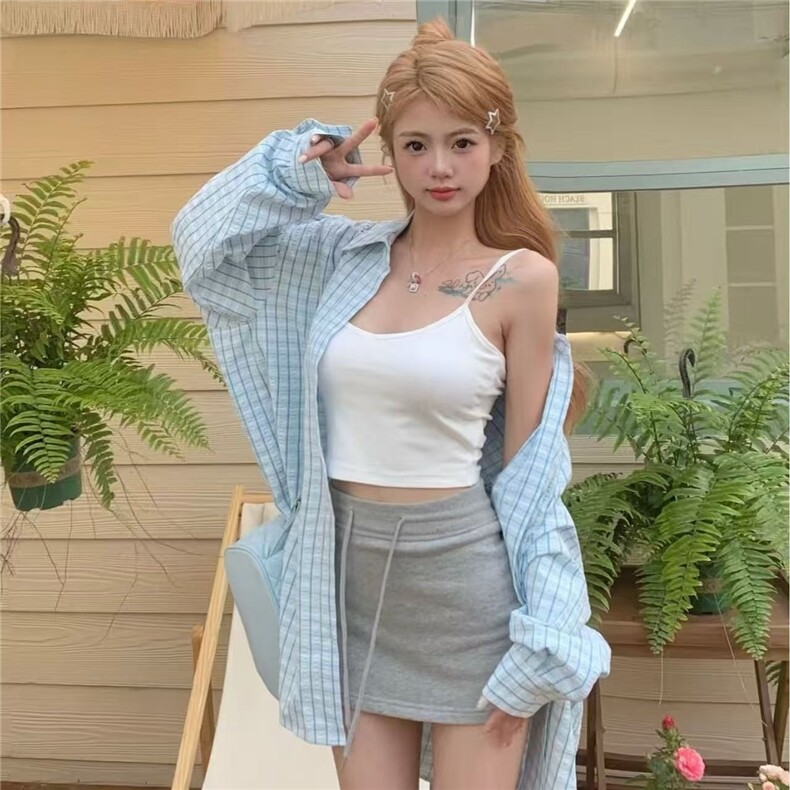 韩系设计感小众蓝色格子衬衫女防晒外套薄款宽松春夏潮牌长袖衬衣,男装防晒衣,星座1210-1