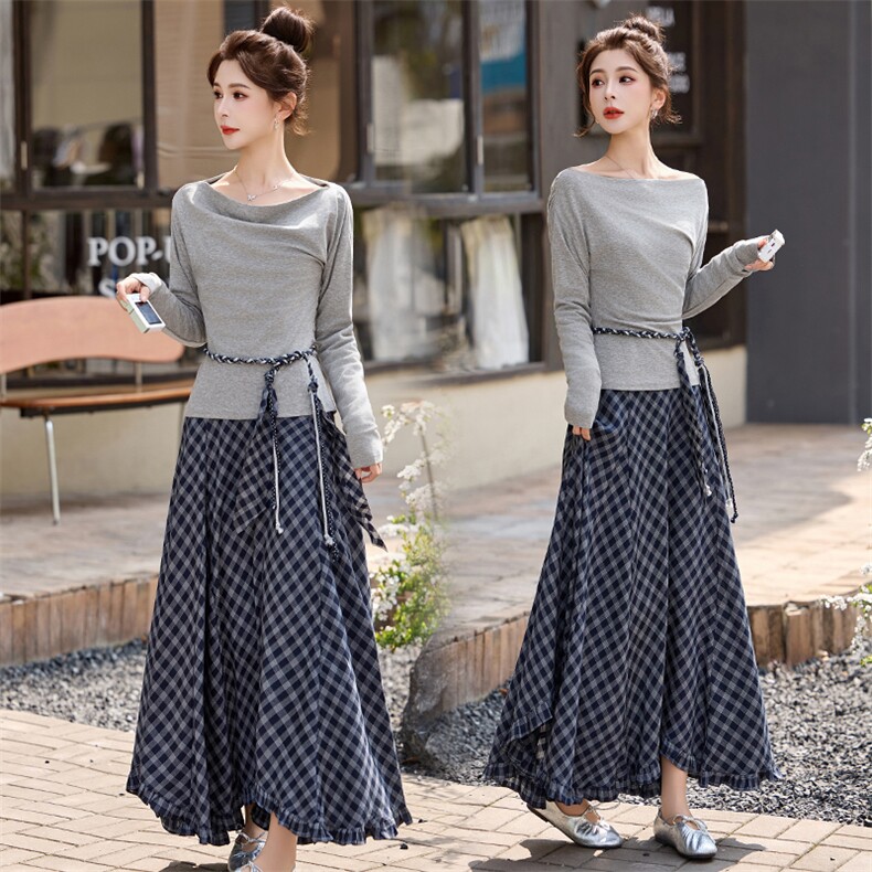 现货现货格子半身裙女收腰2026春装新款超火穿搭一整套裙，女装套装/套裙，伊仟回