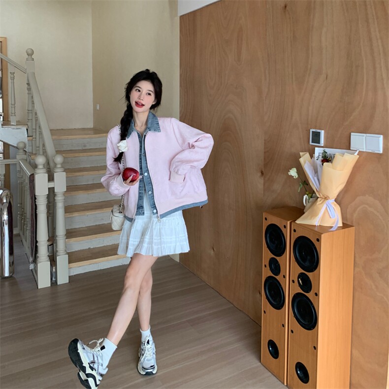 独特超火好看粉色假两件外套女春2025小众短款牛仔拼接棒球服夹克,女装短外套,多米2-075