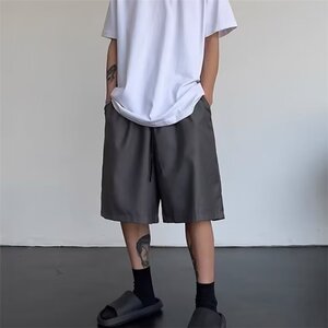 美式高街休闲后拉链西装短裤男夏季宽松直筒阔腿运动五分裤图片