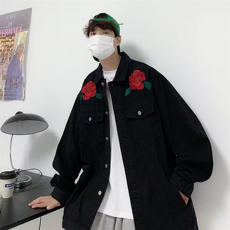 单排扣牛仔夹克长袖宽松型潮翻领玫瑰刺绣牛仔外套BW28P65,男装夹克,星座1116-2
