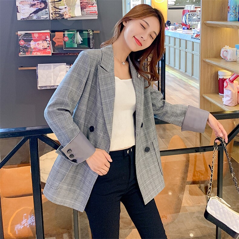 格子外套时尚甜美可爱优雅减龄舒适百搭通勤,女装西装,寒都衣屋