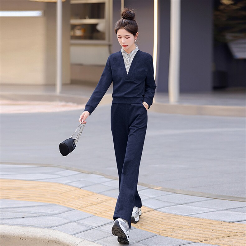 通勤休闲套装女翻领拼接长袖上衣长裤简单大方气质优雅舒适修身,女装套装/套裙,梦依杭