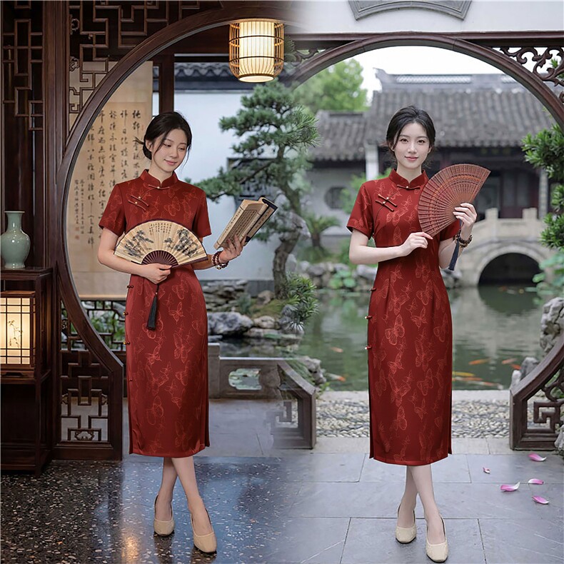 春夏季新款设计简约时尚气质修身显瘦喜庆中长款婚礼旗袍连衣裙，女装汉服/婚纱/旗袍/礼服，媚琳依坊