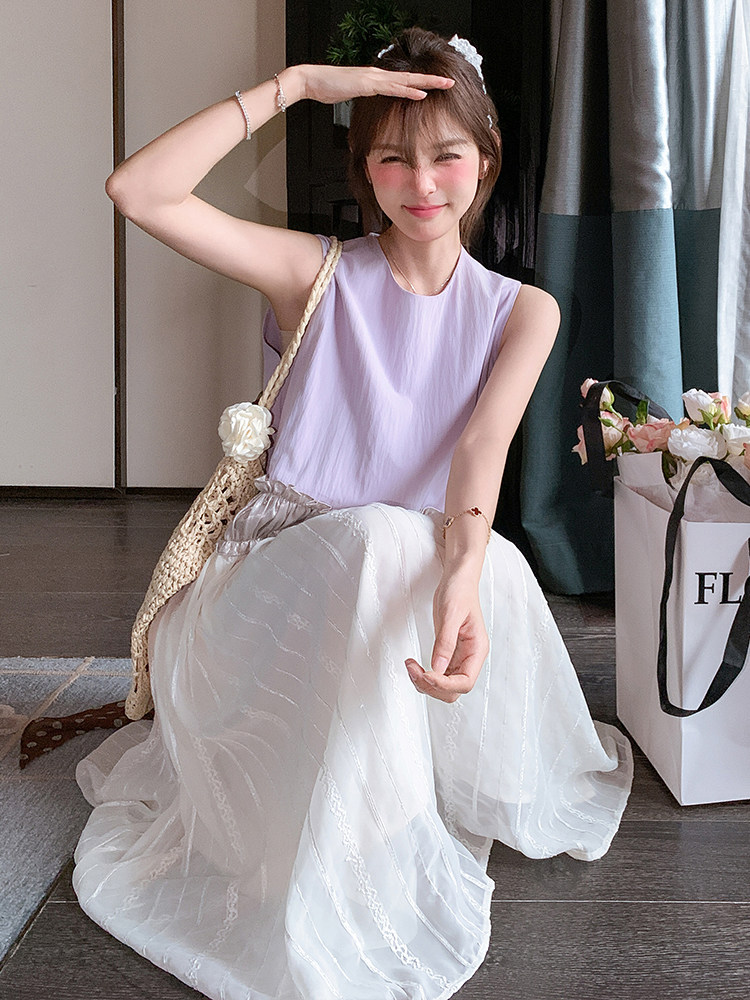 设计感拼接无袖连衣裙女2025夏季新款韩系甜美宽松小个子背心裙潮,女装连衣裙,浙宝305