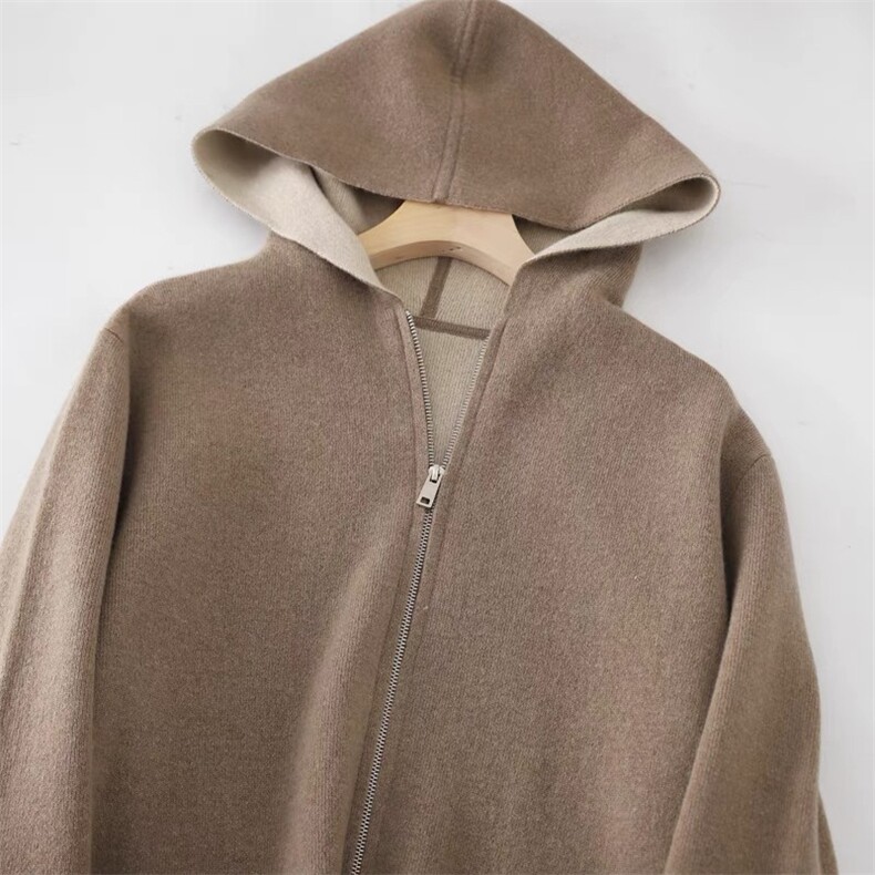 精品2024秋冬新款35%羊绒双面织连帽羊绒大衣外套,女装羊绒大衣,以美红杉羊绒