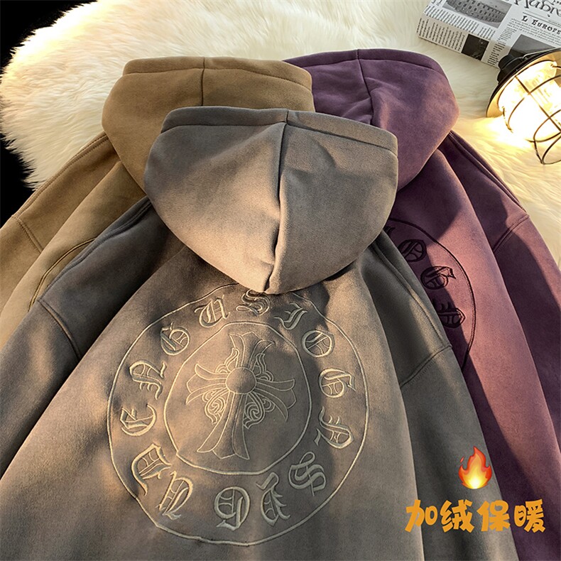 冬季加绒加厚连帽麂皮十字绒刺绣连帽卫衣YT05P75M-4XL,男装卫衣,星座712