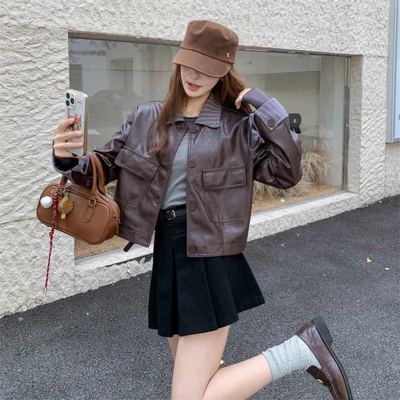 甜酷条纹短款pu皮衣半身裙套装女2025春秋季新款高级感显瘦两件套,女装套装/套裙,2D148