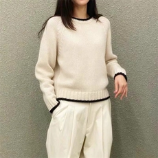 羊毛衫女款2024秋冬新款时尚圆领拼接毛衣宽松慵懒风，女装羊毛衫，思途羊绒