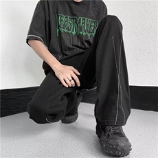 炸街设计感直筒牛仔裤男休闲复古夏季薄款宽松潮牌长裤N01638-P42，男装牛仔裤，星座308B-1