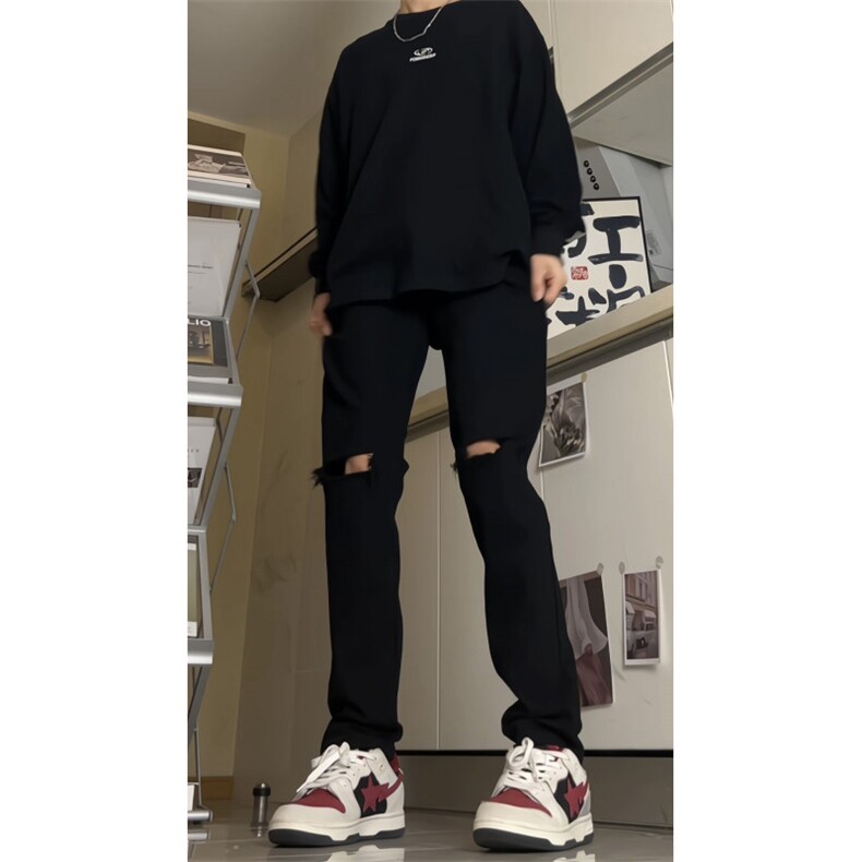 破洞牛仔裤男款春秋季美式高街潮牌cleanfit弹力修身显瘦小脚裤子,男装牛仔裤,电商D256-1(原A064-1)