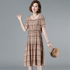 外贸出口品牌剪标女装复古棉麻连衣裙宽松大码拼接格子a字亚麻裙，女装连衣裙，玛其路