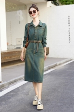 西湖阁老【汇】春季开叉过膝显腰身棉质牛仔连衣裙309剪标，女装连衣裙，布芭啦