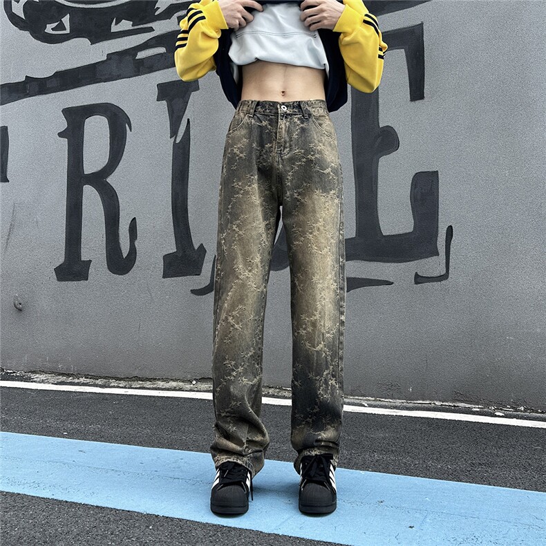 TP33美式复古水洗提花牛仔裤男新款潮牌直筒宽松休闲长裤图片