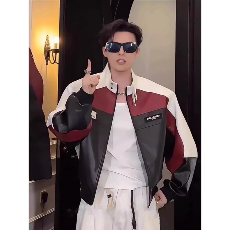 现货秋季宽松PU皮撞色立领机车服夹克JK8574/P75,男装夹克,星座205-3