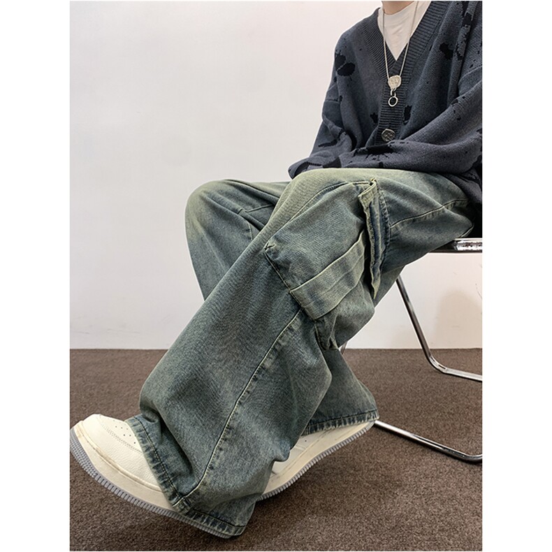 工装牛仔裤男美式复古阔腿裤子多口袋宽松直筒裤JN031-P5888,男装牛仔裤,星座1008-1