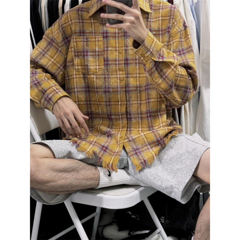 【有货】美式设计感花纹格子长袖衬衫男情侣休闲外套HT96CC-特P48,男装衬衫,星座1007（原301D）