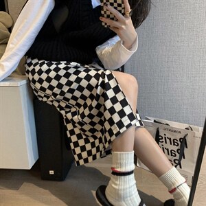 棋盘格开叉裙图片