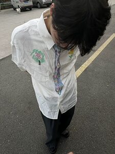 创意趣味蜡笔手绘涂鸦领带短袖衬衫 少年感衬衣夏季新DX9957 P45图片