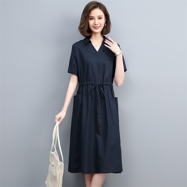 夏季棉麻中长连衣裙V领宽松显瘦系带真口袋咖啡中年妈妈大码裙子,女装连衣裙,丽影随形