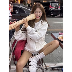 白色开衫卫衣男女2025秋季新款宽松外套高街设计感印花上衣图片