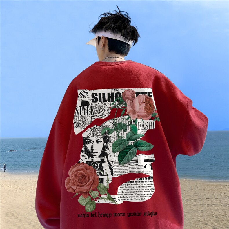 ！直播品质重磅宽松大码港风玫瑰印花圆领卫衣WY107-特p28,男装卫衣,星座508（原C305）