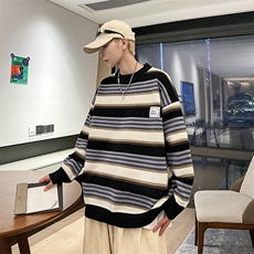 日系宽松慵懒风毛衣男2024春秋季条纹针织衫港风宽松情侣线衣，男装针织衫/毛衣，星座716-2